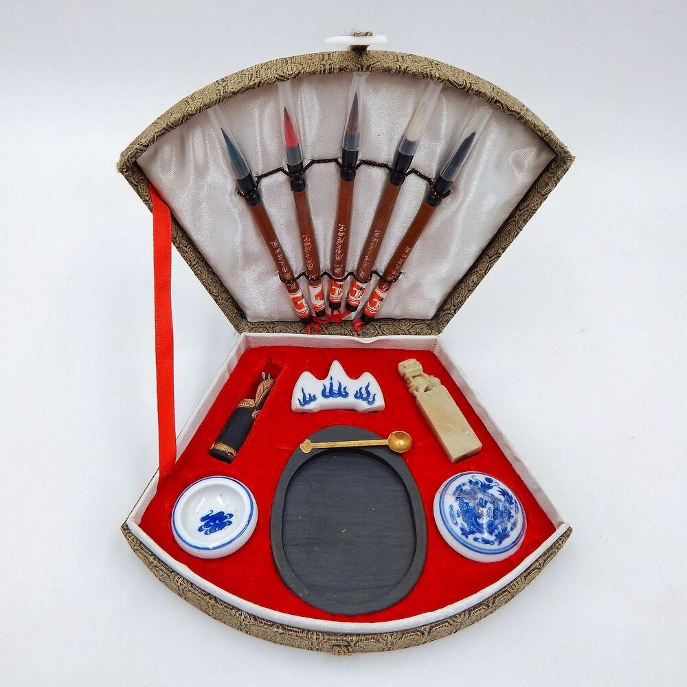 Asian Japanese Sumi E Calligraphy Set Box Drawing Brushes Inkstone Stone Seal